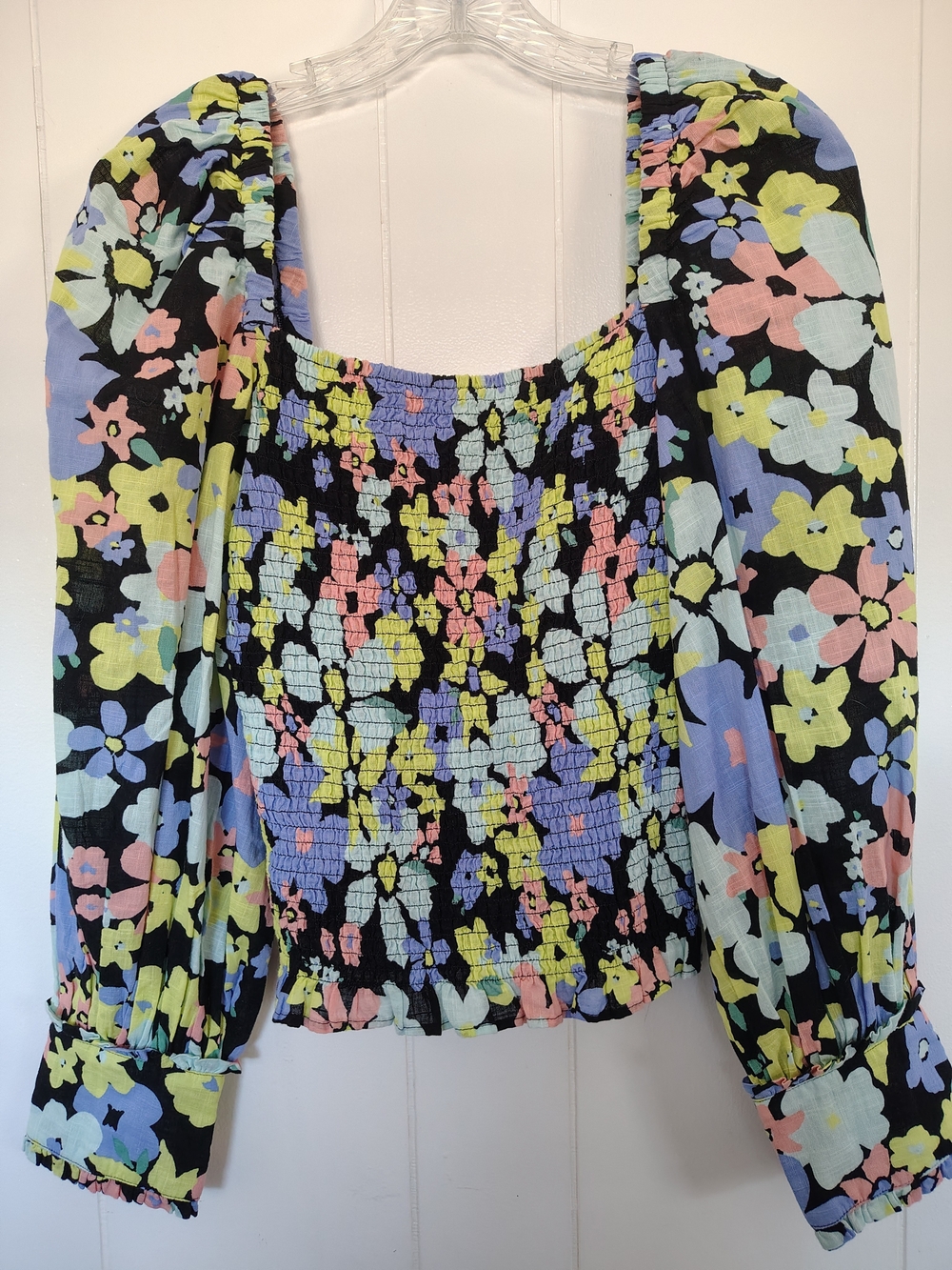 Free People Black Floral Smocked Puff-Sleeve Top